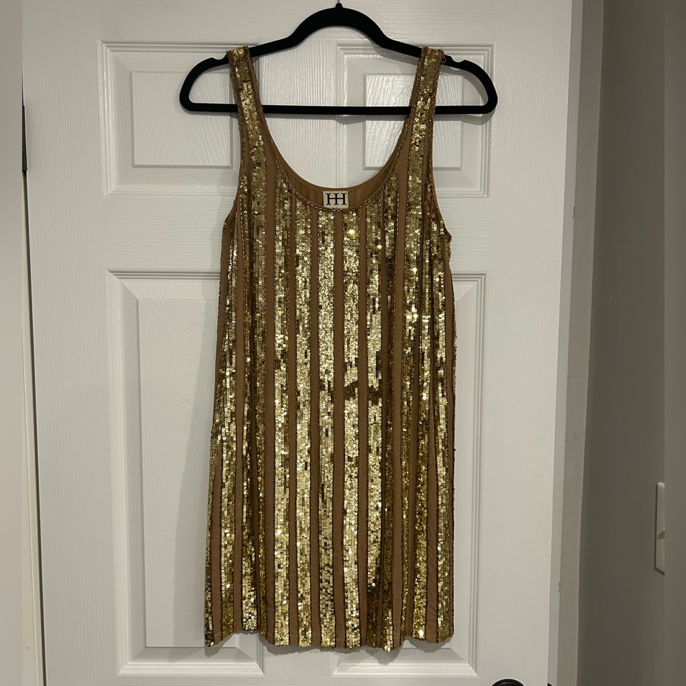 Haute Hippy Gold Sequin Striped Shift Dress size M